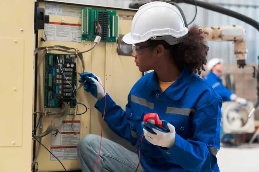 Electrician in hardhat using tool on circuit board
