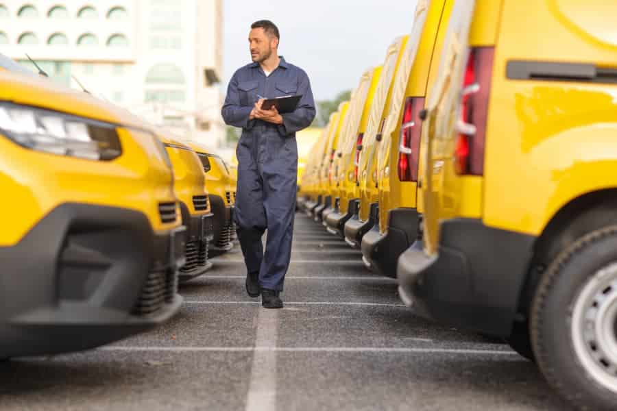 Mechanic walking through lot of yellow vans and taking notes on clipboard